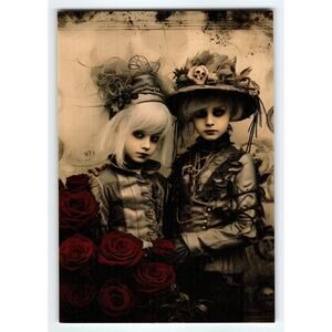 Vintage Halloween Photochrome Postcard Two Gothic Children with Roses